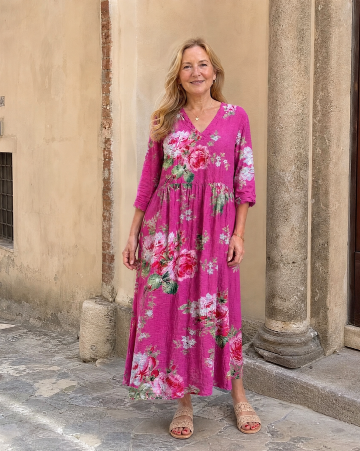 Rosavelle | Vintage Rose Print Gathered Waist Midi Dress 4