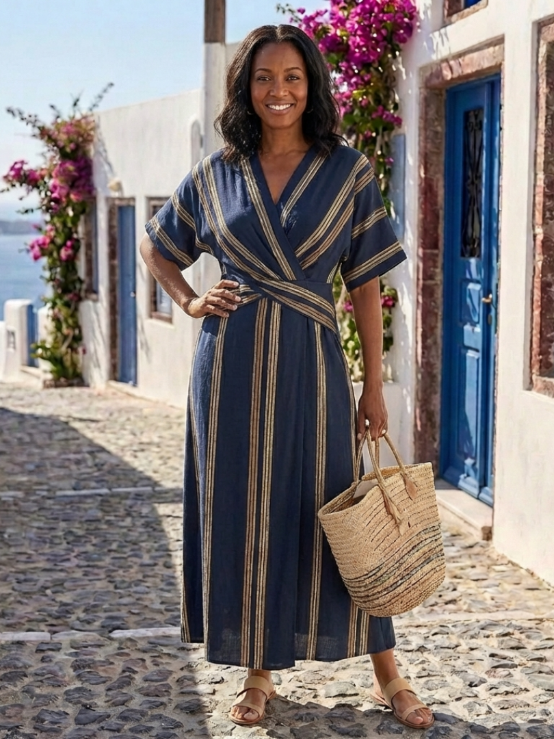 Saphira | V Neck Short Sleeve Striped Wrap Midi Dress 2
