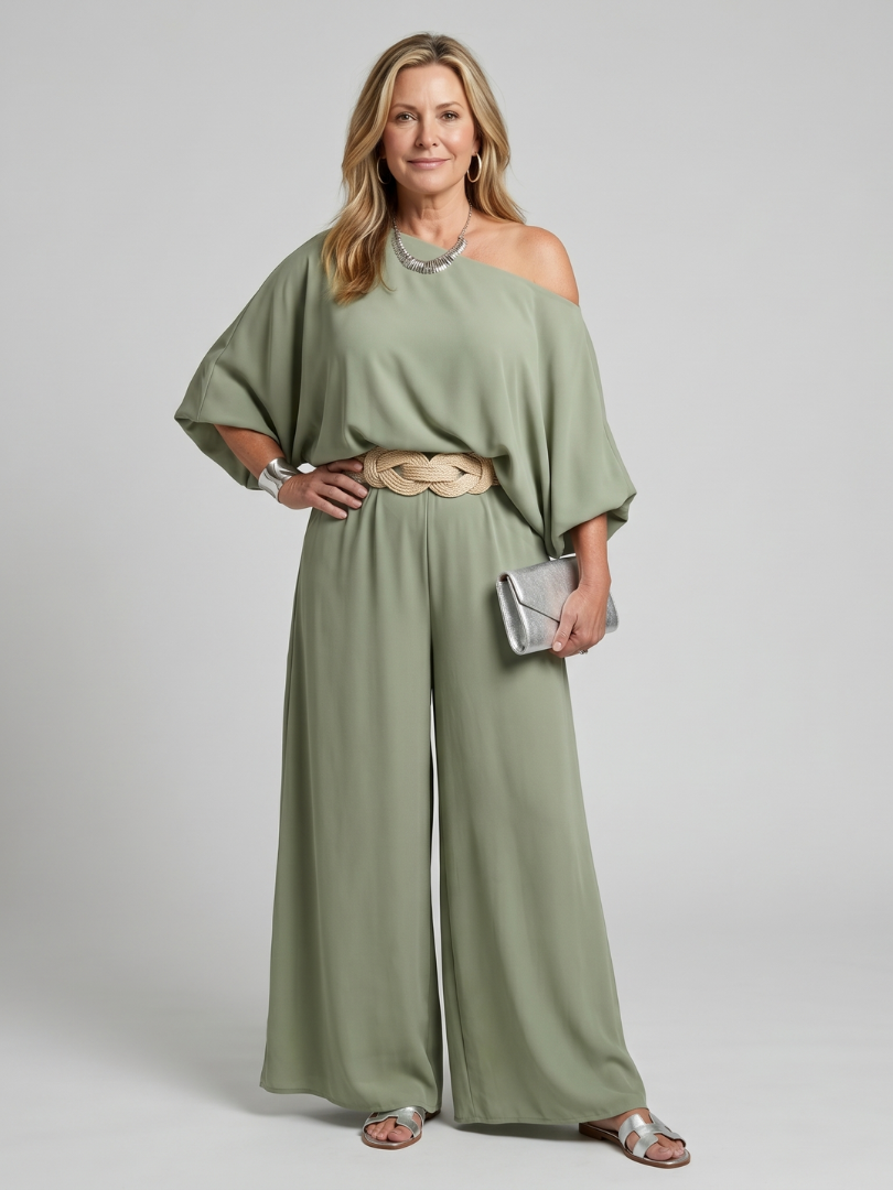 Siomara | One Shoulder Wide Sleeve Top And Wide Leg Pants Set 0