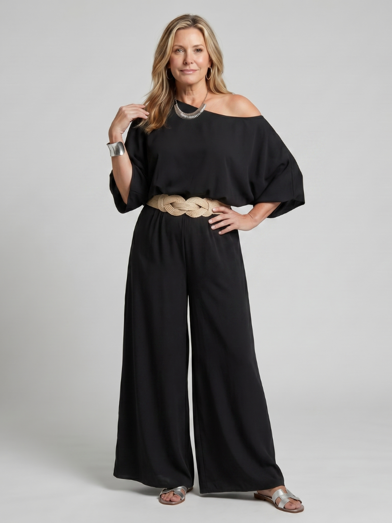 Siomara | One Shoulder Wide Sleeve Top And Wide Leg Pants Set 3