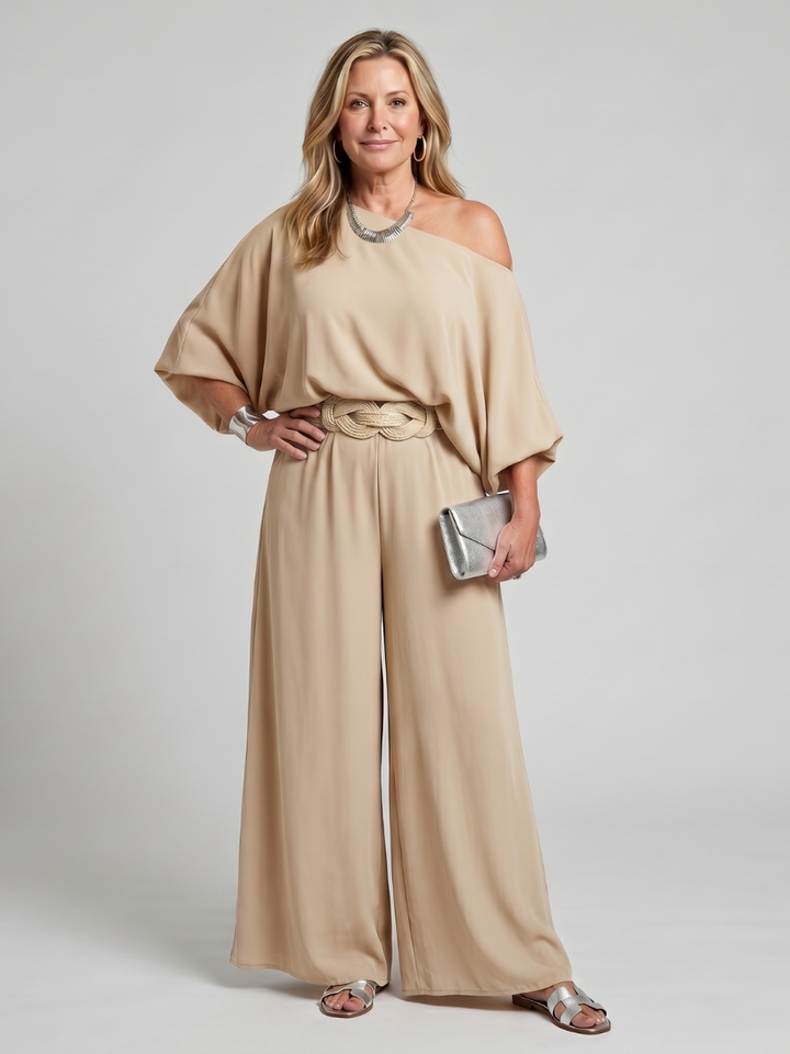 Siomara | One Shoulder Wide Sleeve Top And Wide Leg Pants Set 4