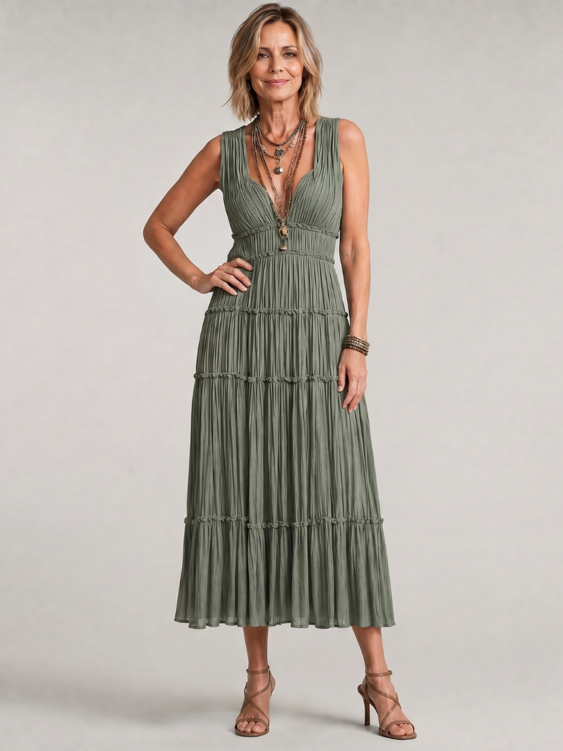 Somala | Pleated Sleeveless Tiered V Neck Midi Dress 0