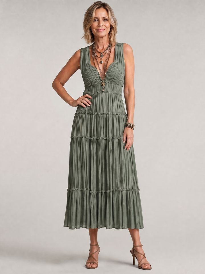 Somala | Pleated Sleeveless Tiered V Neck Midi Dress 0