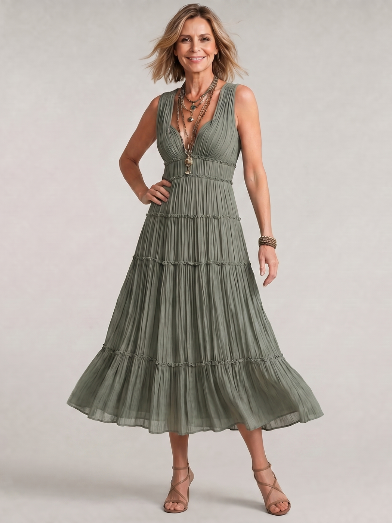 Somala | Pleated Sleeveless Tiered V Neck Midi Dress 1
