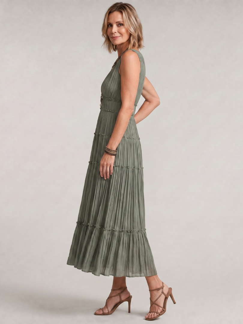 Somala | Pleated Sleeveless Tiered V Neck Midi Dress 2
