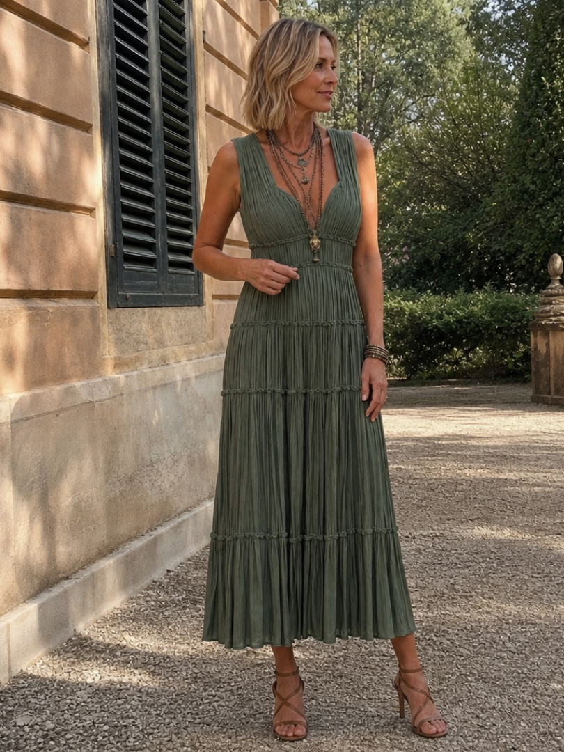 Somala | Pleated Sleeveless Tiered V Neck Midi Dress 4