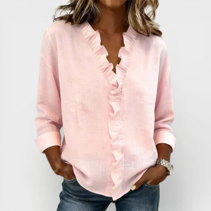 Susan | Blouse with Ruffles, V-Neck and Long Sleeves 0