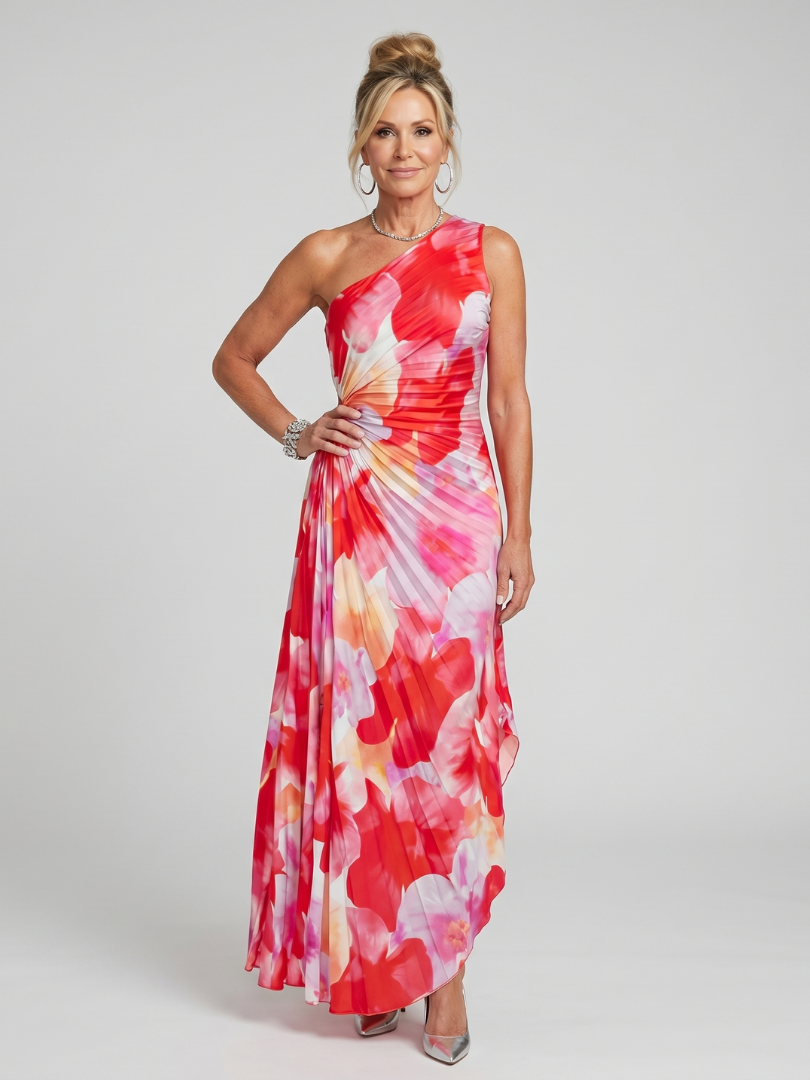 Taya | One Shoulder Pleated Bodice Midi Dress 0