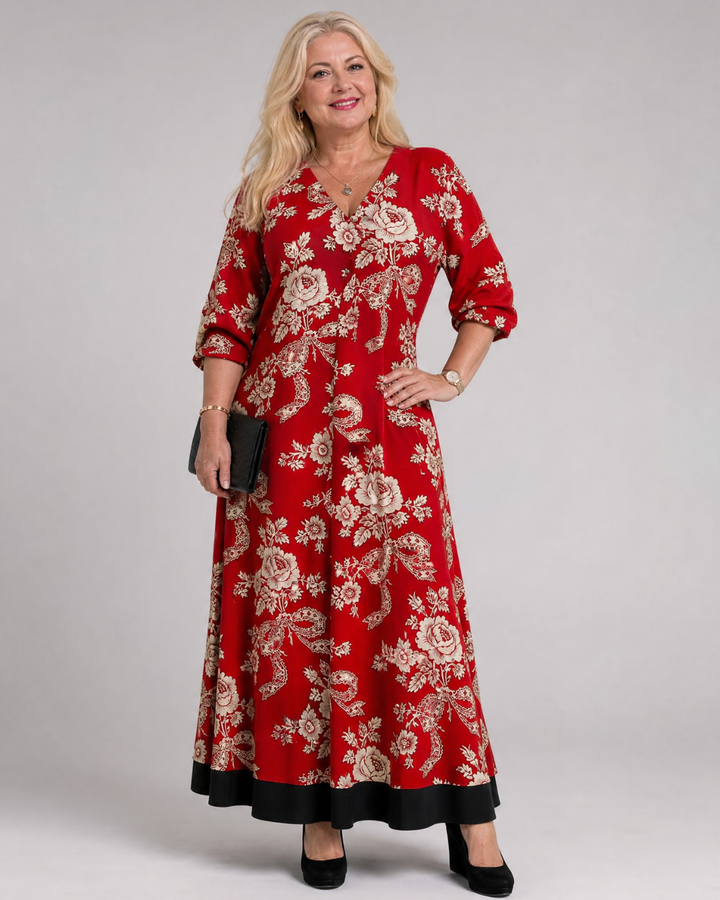 Thopal | Vintage Floral V Neck Relaxed Midi Dress 0