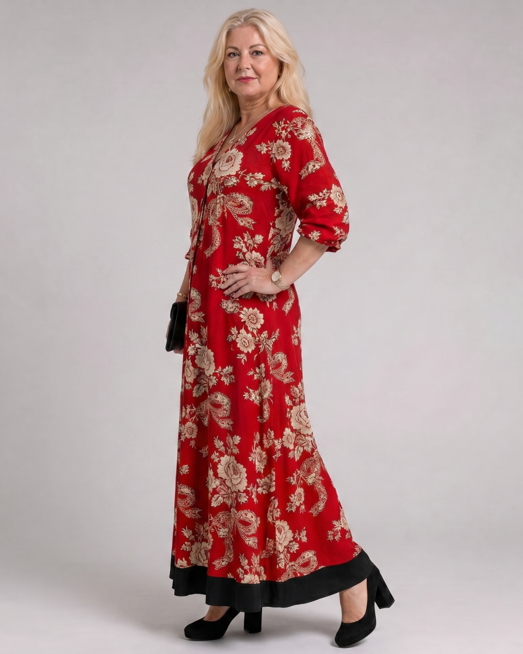 Thopal | Vintage Floral V Neck Relaxed Midi Dress 2