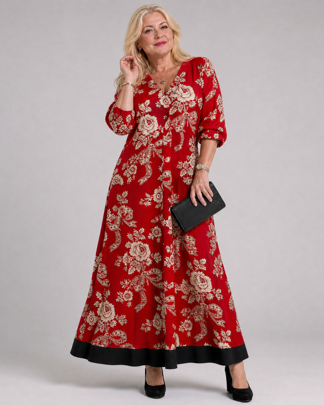Thopal | Vintage Floral V Neck Relaxed Midi Dress 3