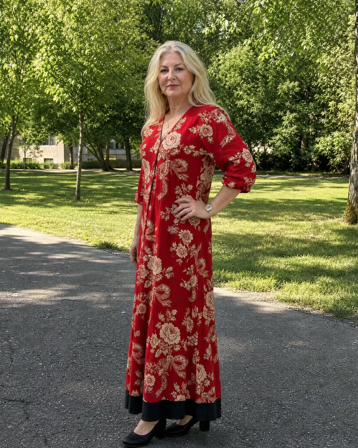 Thopal | Vintage Floral V Neck Relaxed Midi Dress 4