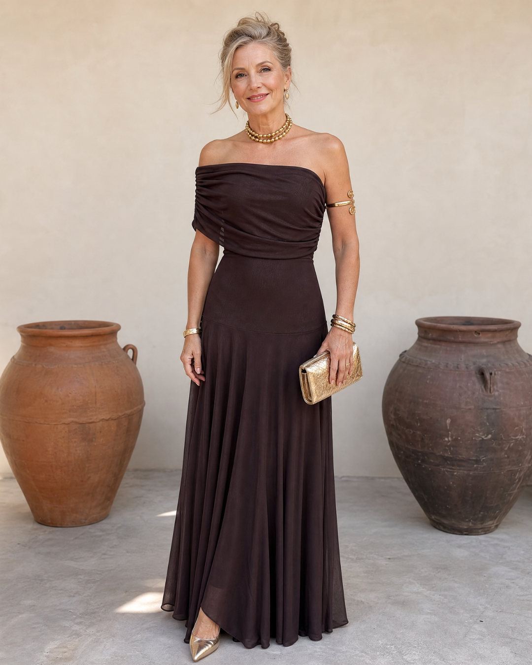 Valerinne | Off Shoulder Draped Bodice Flowing Maxi Dress 0