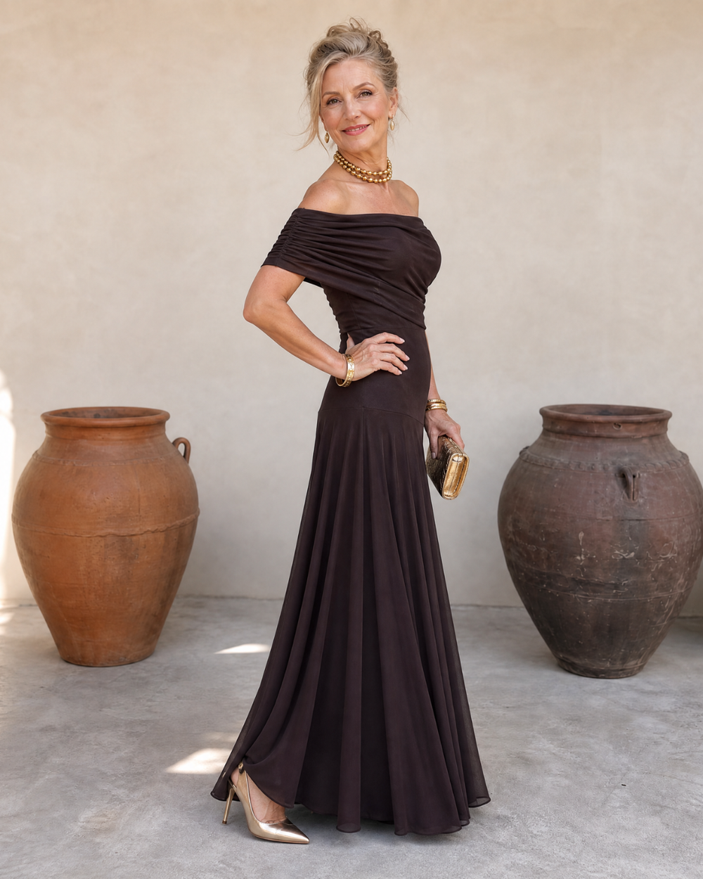 Valerinne | Off Shoulder Draped Bodice Flowing Maxi Dress 1