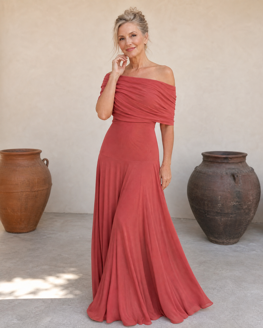 Valerinne | Off Shoulder Draped Bodice Flowing Maxi Dress 3