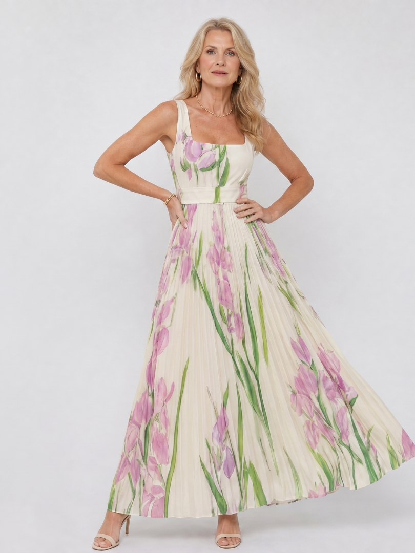 Vimele | Pleated Sleeveless Square Neck Midi Dress 2