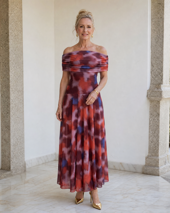 Violla | Off Shoulder Watercolor Print Flowing Midi Dress 0