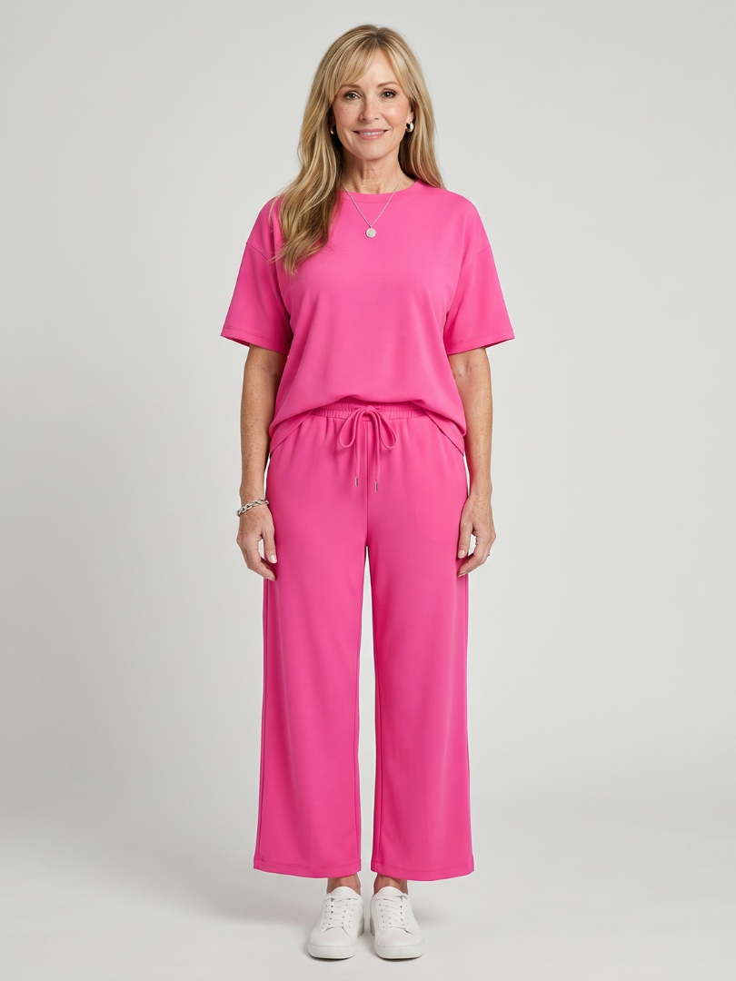 Wihel | Short Sleeve Drawstring Waist And Straight Leg Pants Set 0