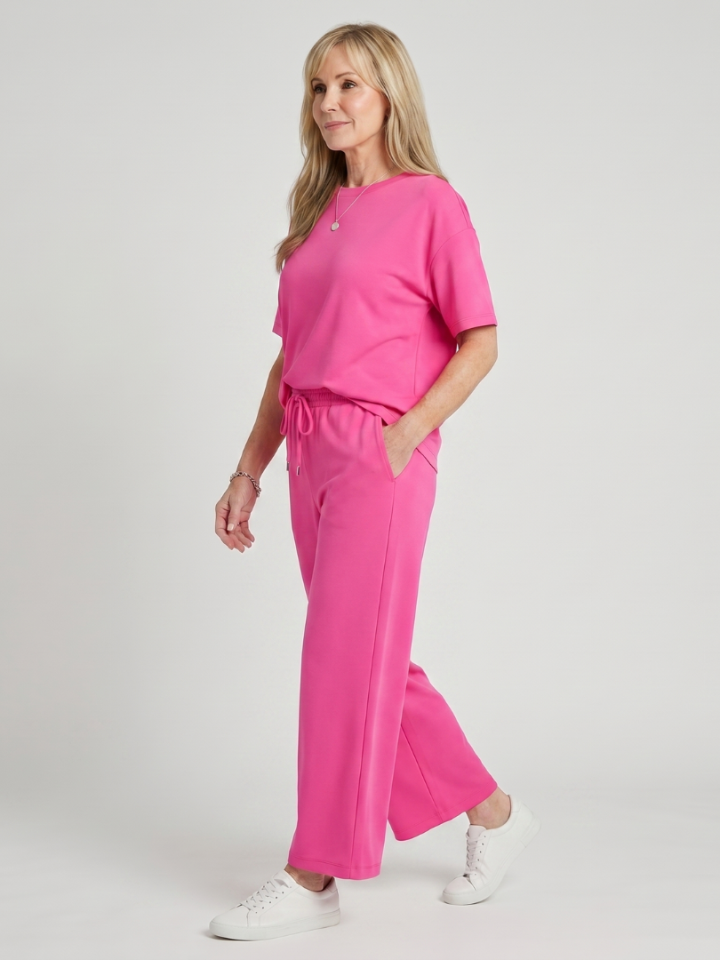 Wihel | Short Sleeve Drawstring Waist And Straight Leg Pants Set 1