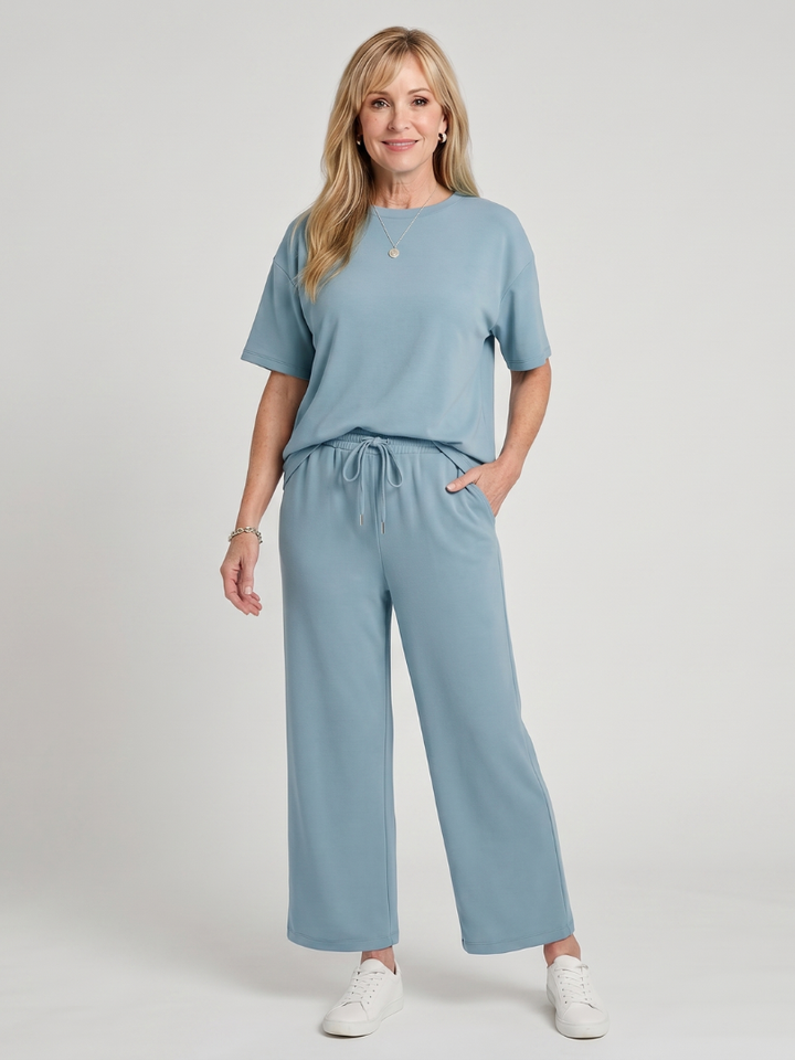 Wihel | Short Sleeve Drawstring Waist And Straight Leg Pants Set 3