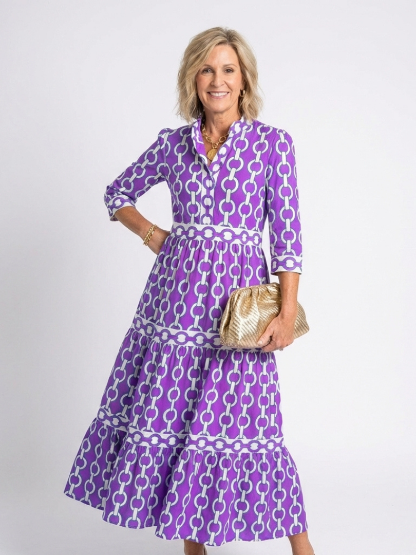Ysolde | Three Quarter Sleeve Chain Pattern Midi Dress 4