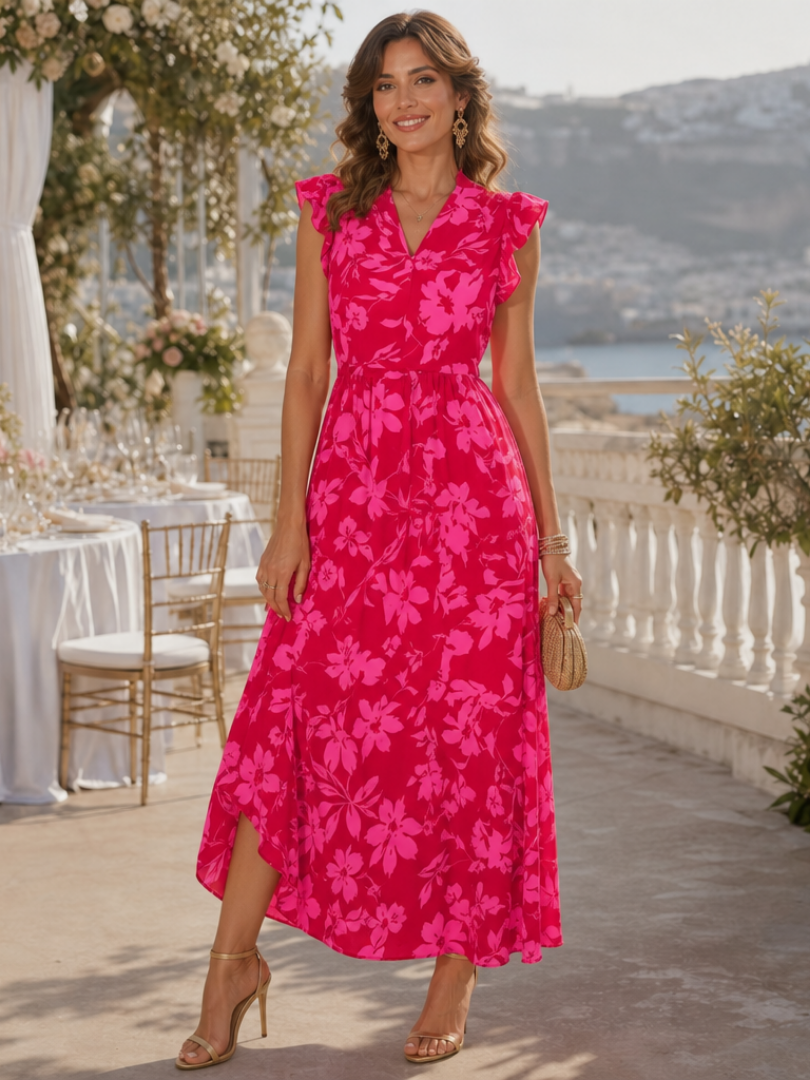Zame | Sleeveless V Neck Ruffle Trim Midi Dress 0