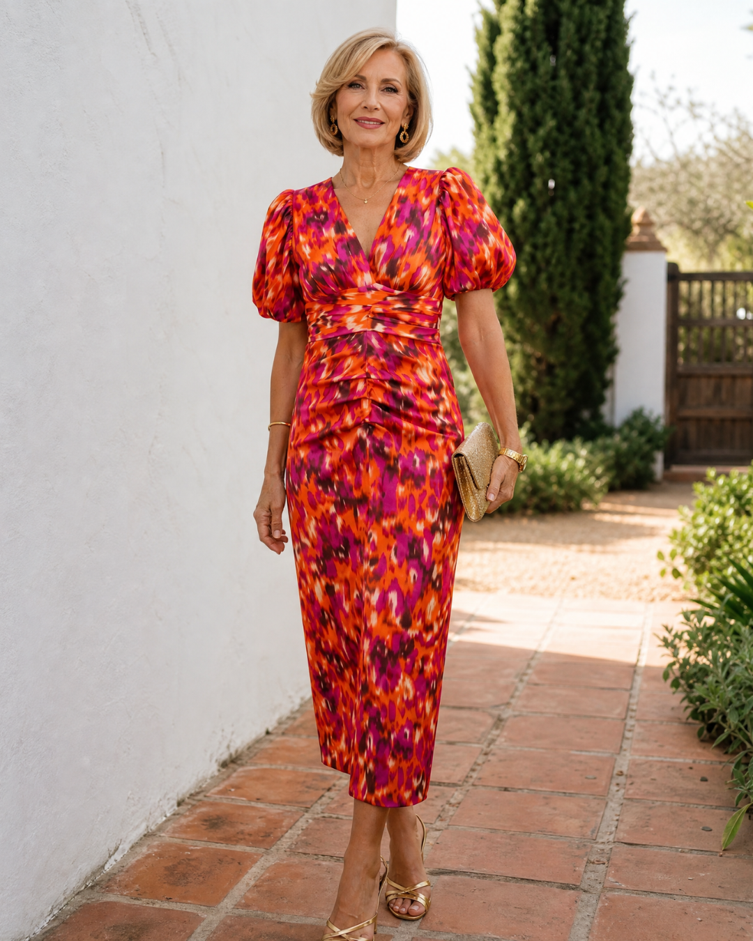 Zavienna | Abstract Print Puff Sleeve Ruched Midi Dress 0