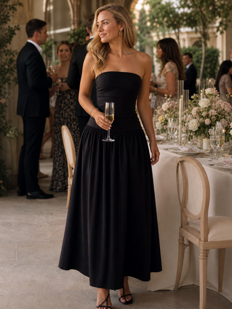 Zelene | Strapless Ruched Bodice Midi Dress 0