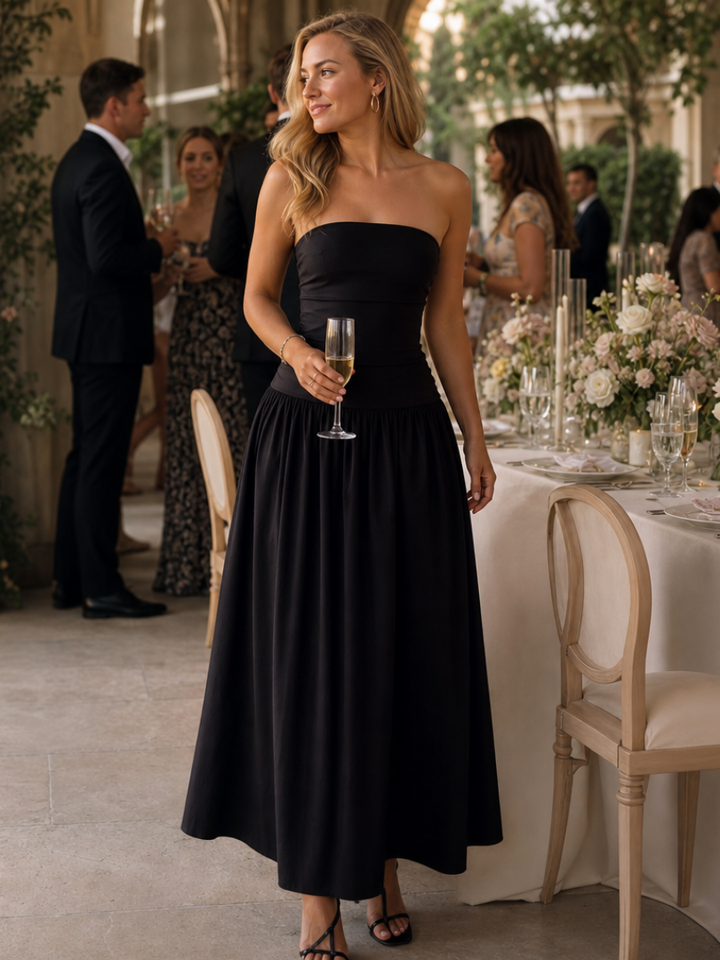 Zelene | Strapless Ruched Bodice Midi Dress 0