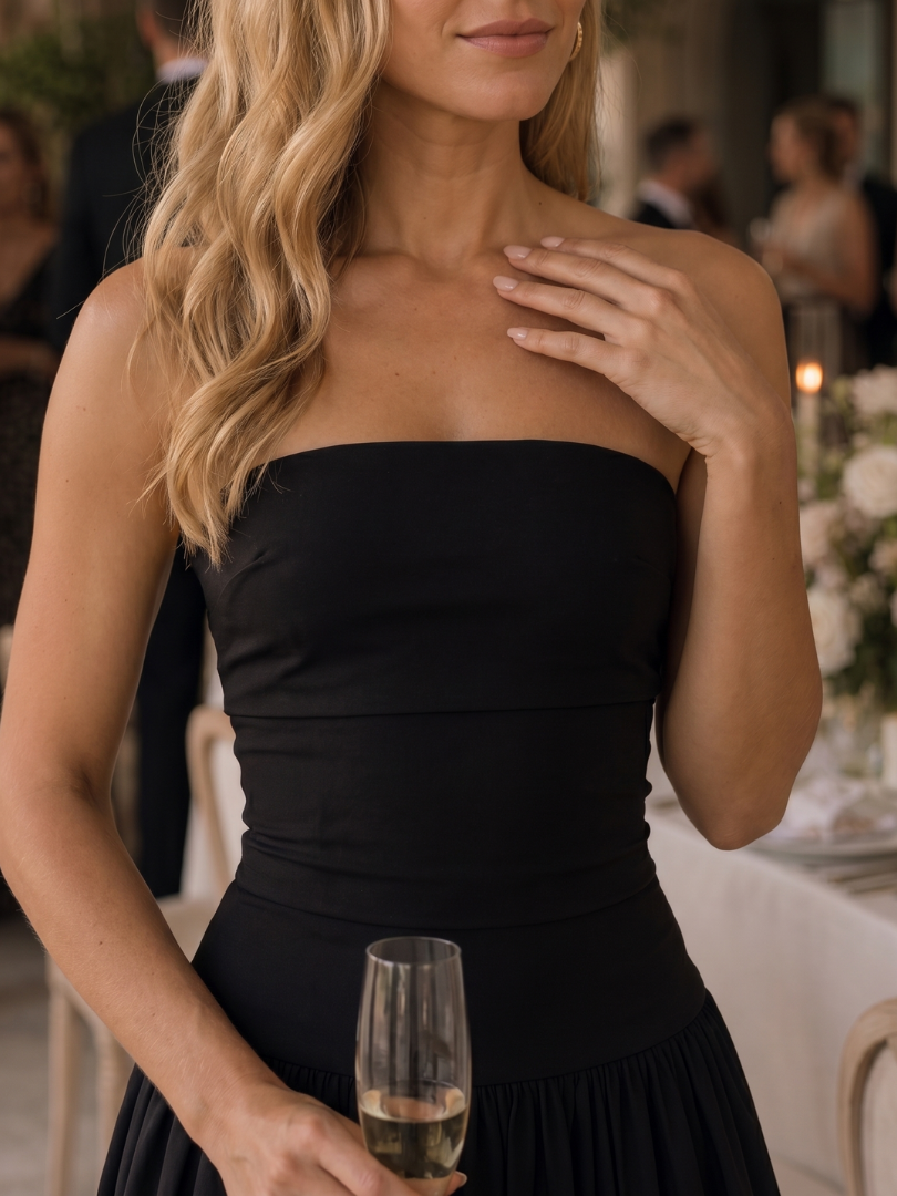 Zelene | Strapless Ruched Bodice Midi Dress 1
