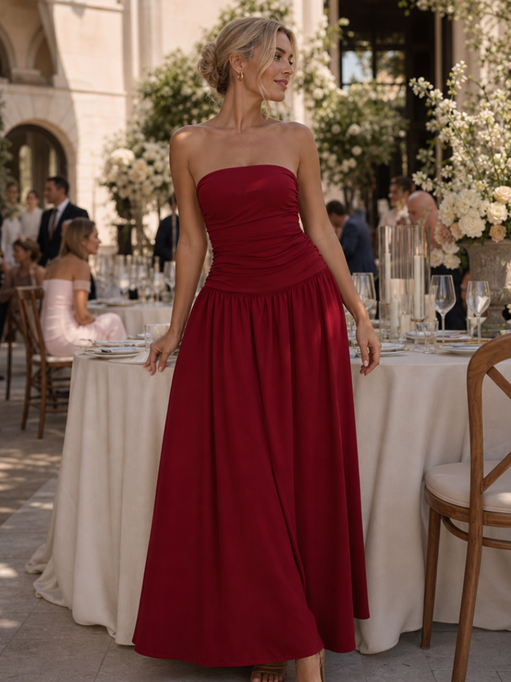 Zelene | Strapless Ruched Bodice Midi Dress 4