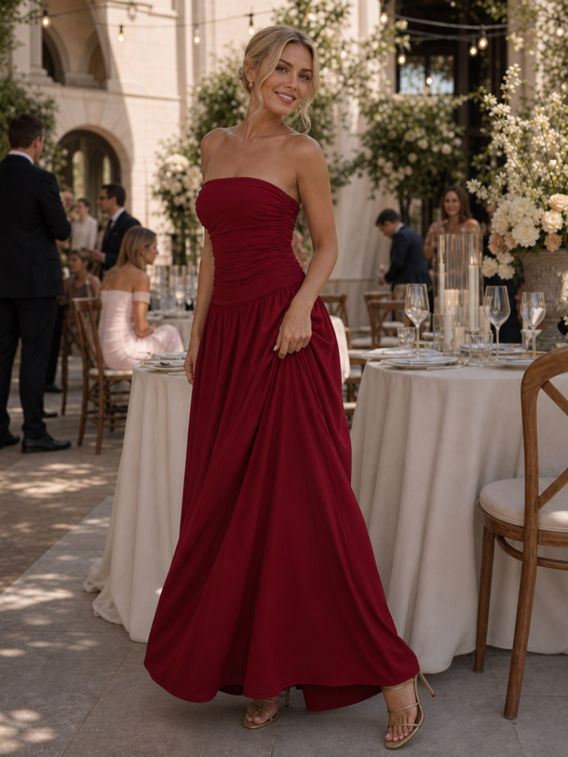 Zelene | Strapless Ruched Bodice Midi Dress 6