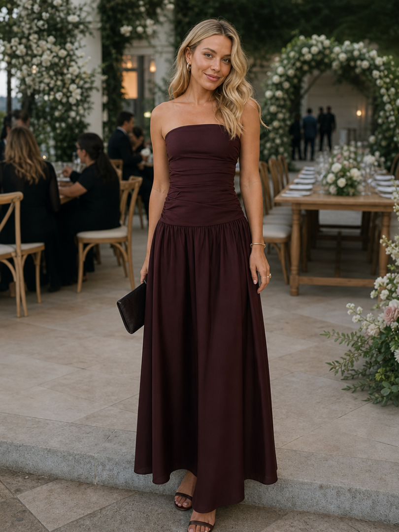 Zelene | Strapless Ruched Bodice Midi Dress 8