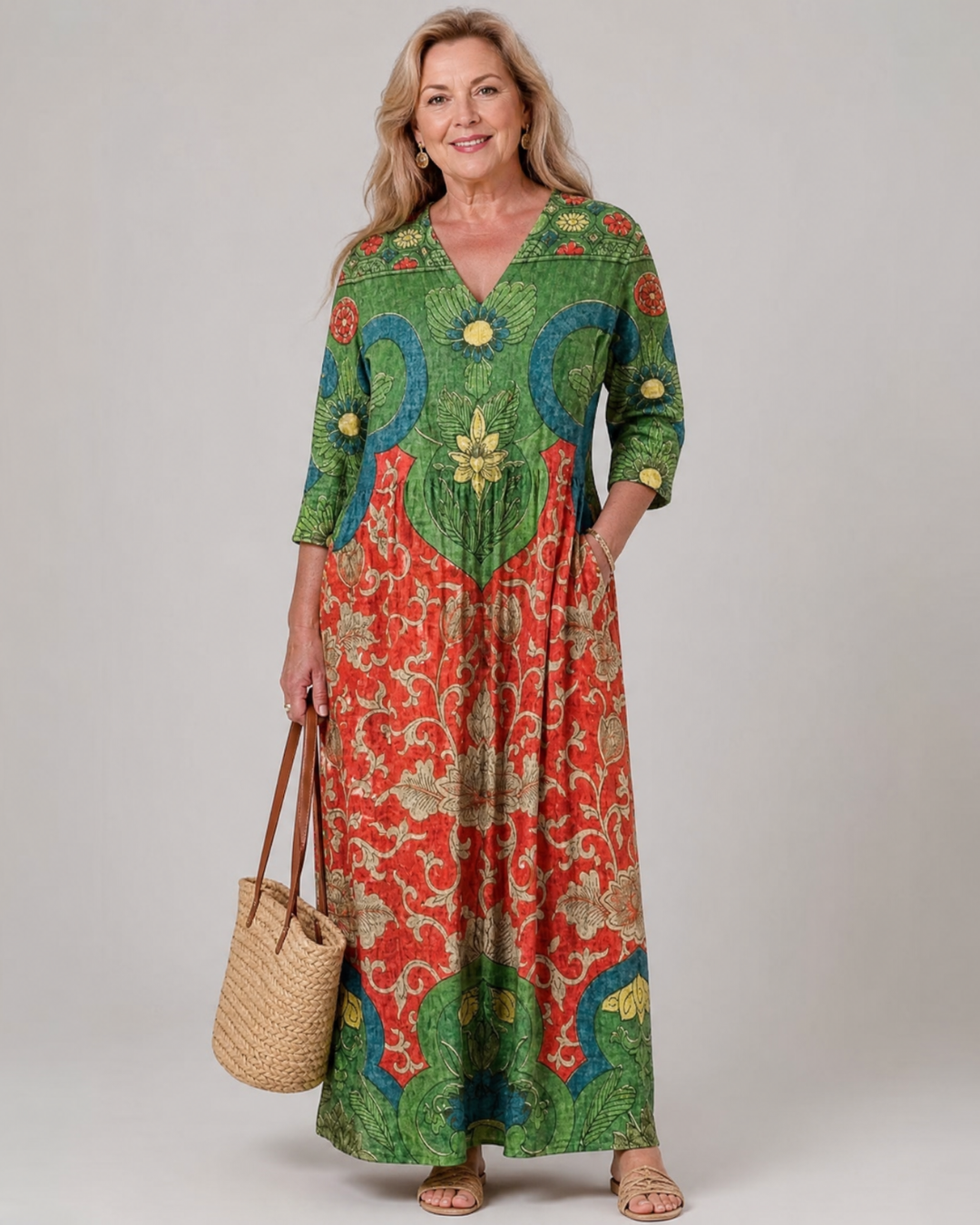 Zeloria | Abstract Vintage Print Relaxed Three Quarter Sleeve Midi Dress 0