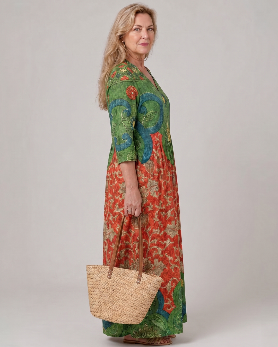Zeloria | Abstract Vintage Print Relaxed Three Quarter Sleeve Midi Dress 1