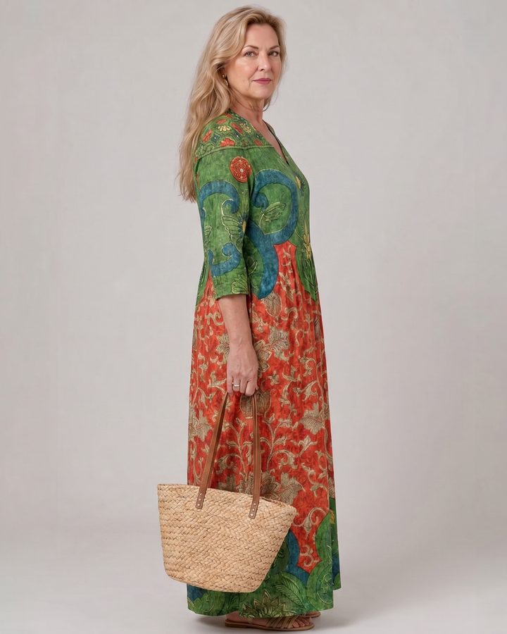 Zeloria | Abstract Vintage Print Relaxed Three Quarter Sleeve Midi Dress 1