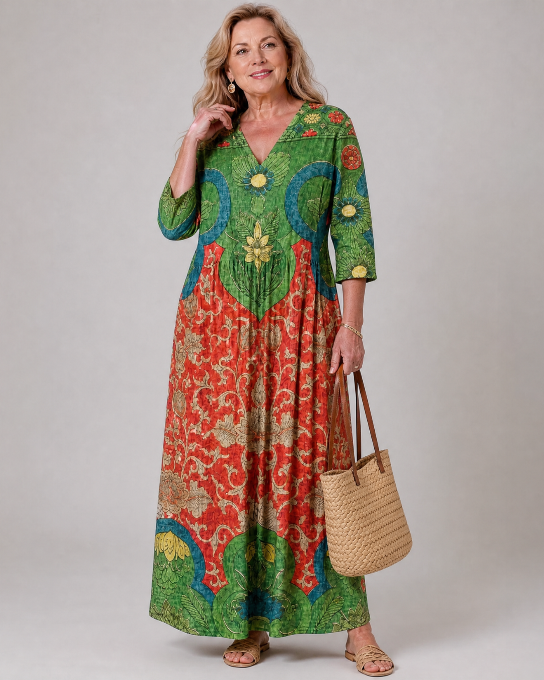 Zeloria | Abstract Vintage Print Relaxed Three Quarter Sleeve Midi Dress 3