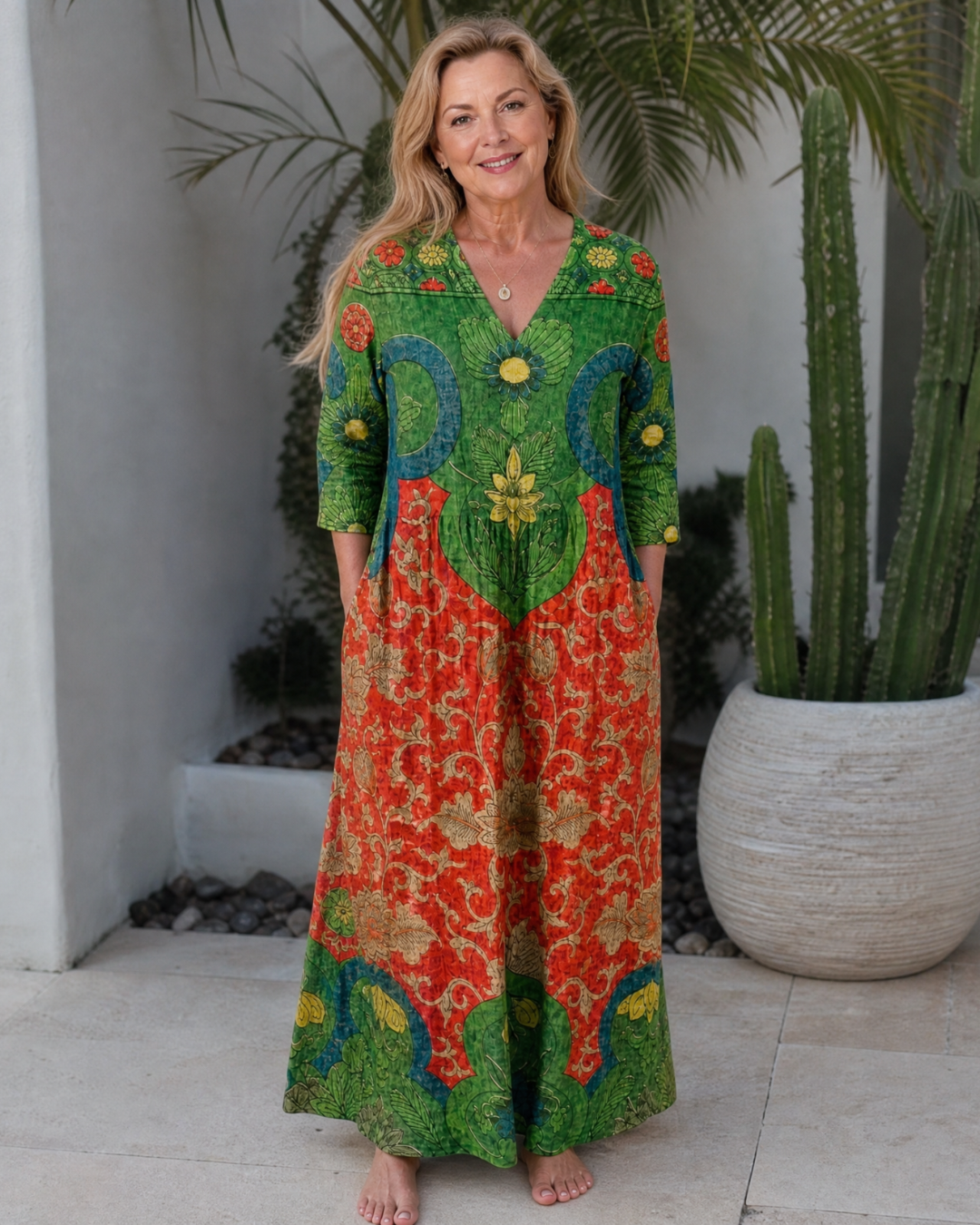 Zeloria | Abstract Vintage Print Relaxed Three Quarter Sleeve Midi Dress 4